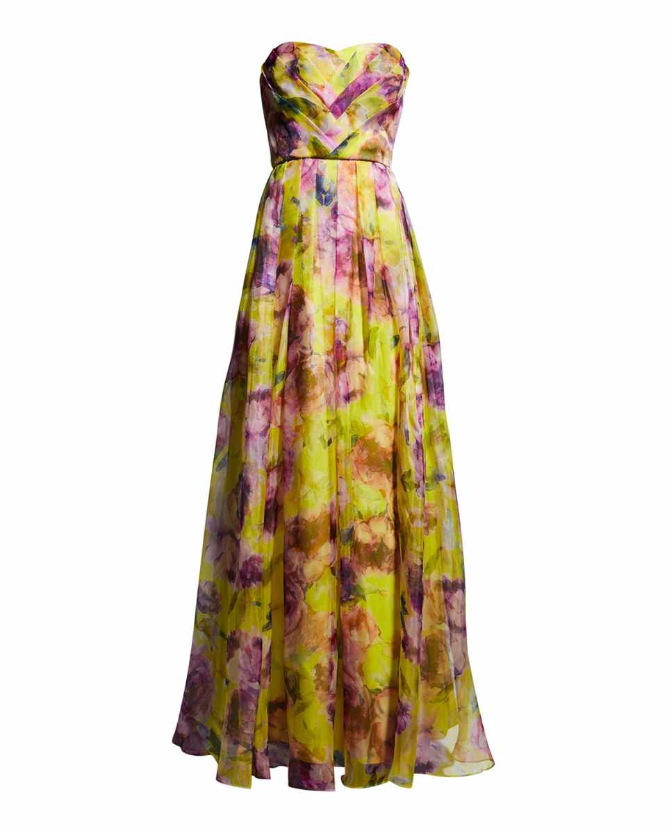 Pleated Floral-Print Strapless Gown